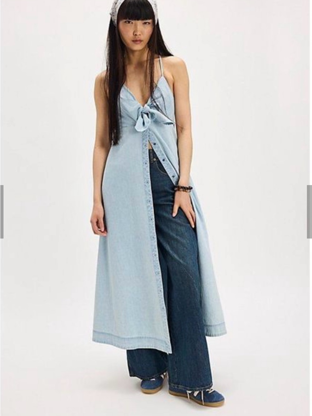 Free People Via Light Blue Tie-Front Denim Midi Dress